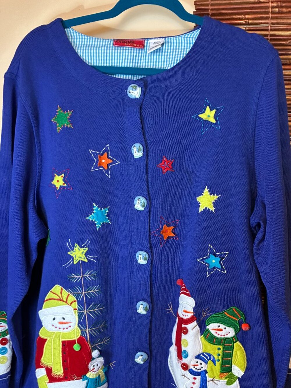 1990s Style Onque Casuals Snowman Christmas Cardigan Sweater Blue Grandmacore 1X